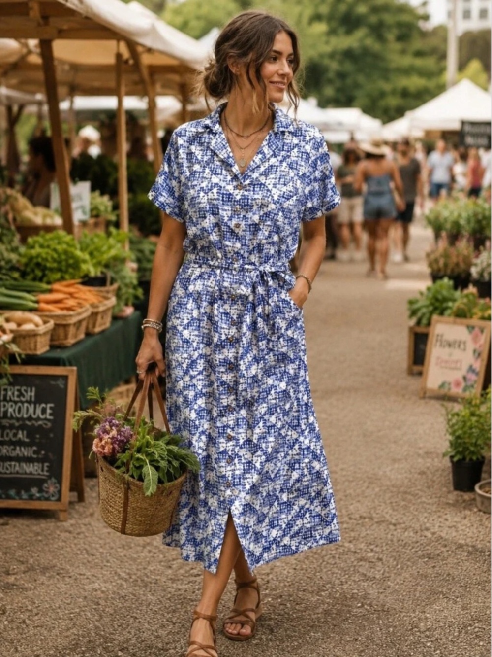 Sonoma Button Front Maxi Shirt Dress in Blue & White Print, Size Small